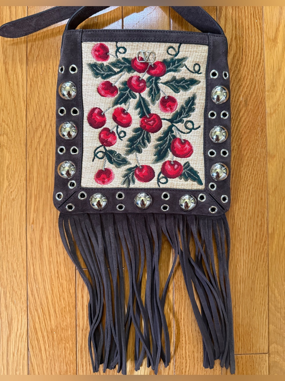 Valentino Garavani Red Cherry Embroidered Fringe Shoulder Bag - Picture 1 of 8